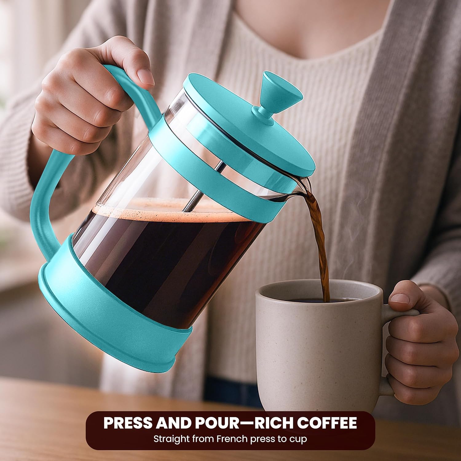 Utopia Kitchen French Press Espresso and Tea Maker with Triple Filters, Stainless Steel Plunger and Heat Resistant Borosilicate Glass (Aqua, 12-oz (Pack of 1)) - Blissbrew