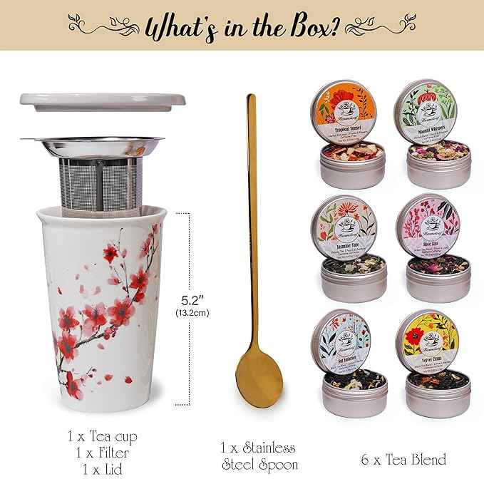 Harmoleaf Tea Gift Set for Women - 6 Herbal Loose Leaf Tea Blends, Insulated Ceramic Cup with Infuser & Lid | Birthday, Mother's Day, Anniversary & Retirement Gift for Her