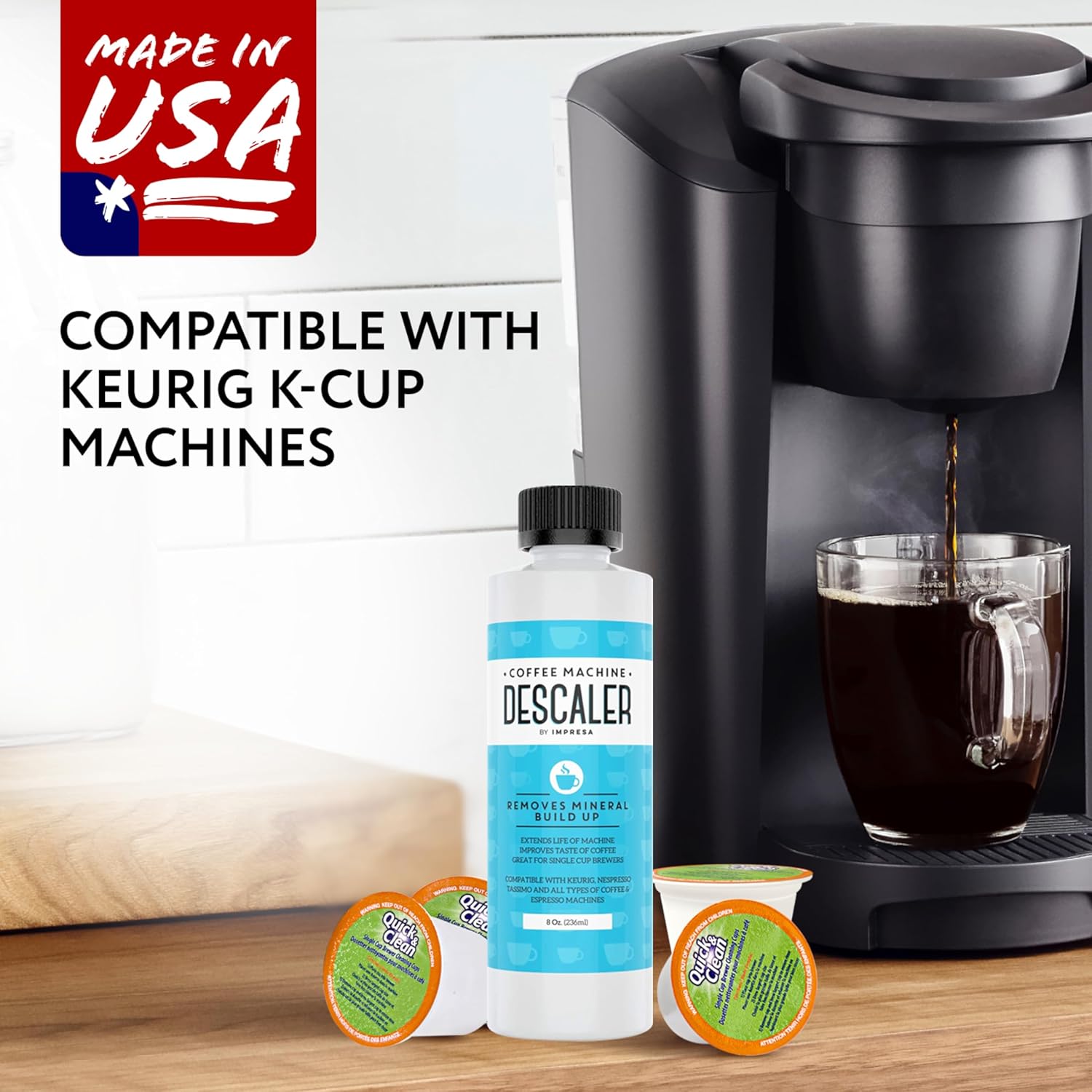 IMPRESA Coffee Machine Descaler & Cleaning Bundle - Compatible with Keurig K-Duo & K-Cup Brewers - 8 Oz Descaling Solution & 4 Maintenance Pods - Coffee Machine Cleaning & Pot Care Kit