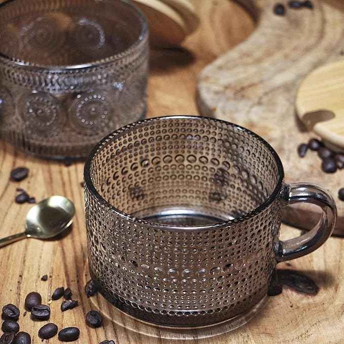 Vintage Glass Coffee Mugs, 14 Oz Set of 2 Embossed Glassware Tea Cups for Breakfast, Dessert, Cappuccino, Latte, Cereal, Yogurt, Beverage Gift