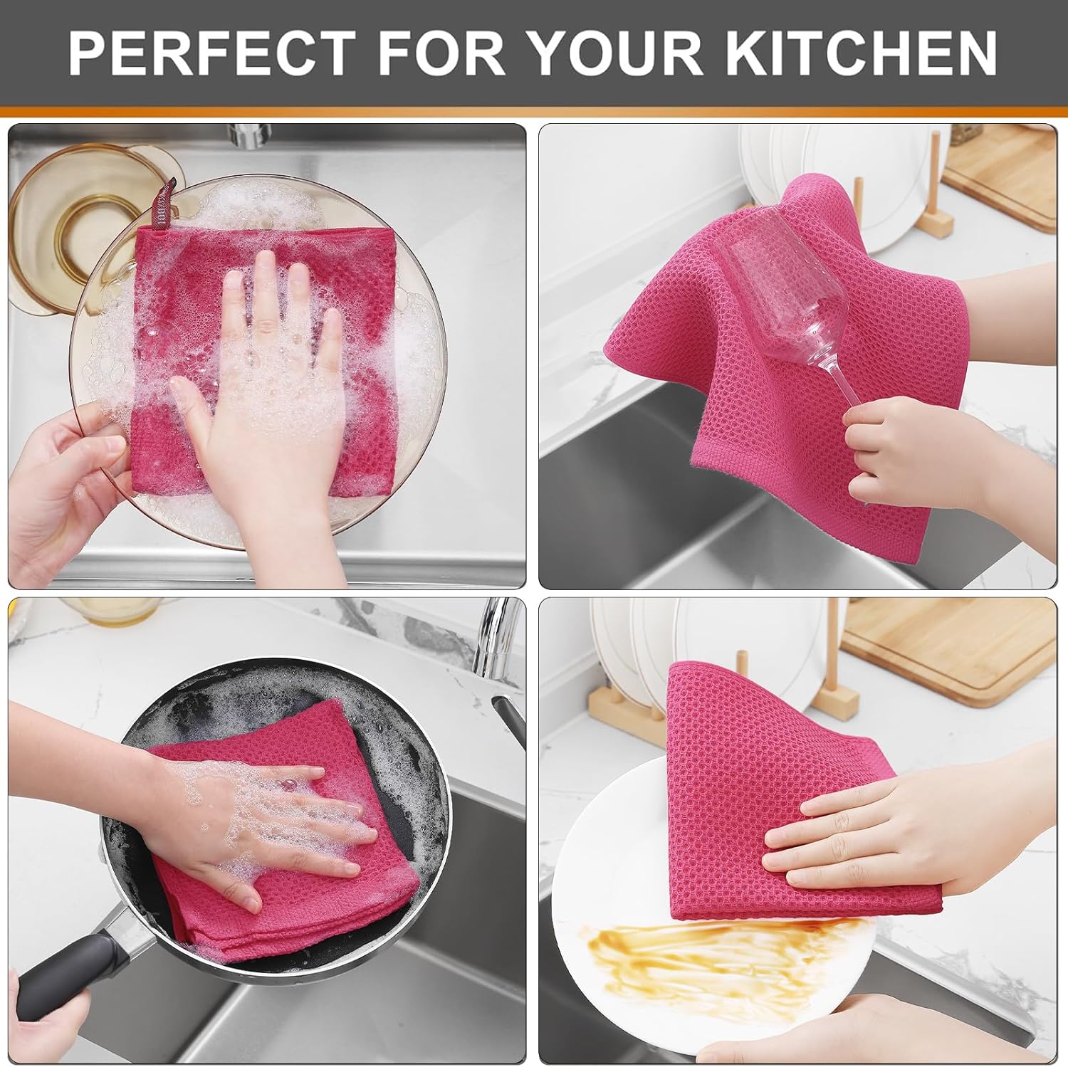 Kitinjoy 100% Cotton Kitchen Dish Cloths, 12 Pack Waffle Weave Ultra Soft Absorbent Dish Towels for Drying Dishes Quick Drying Kitchen Towels Dish Rags, 12 X 12 Inches, Hot Pink