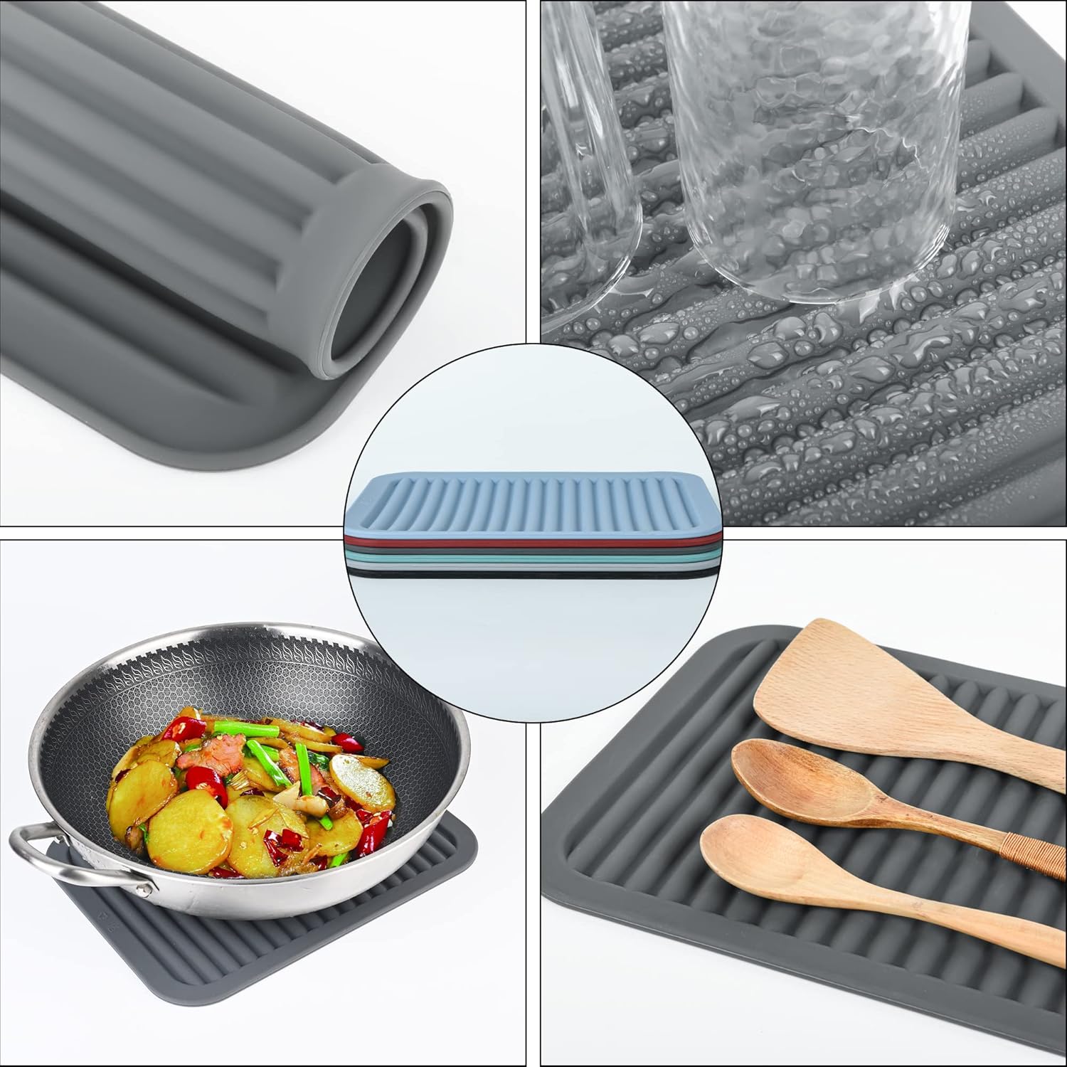 Silicone Trivets for Hot Dishes, Pots & Pans, Hot Pads for Kitchen, Trivets for Quartz Countertops, Hot Pads Silicone Mats for Kitchen Counter,Pot Holders Trivet Mat Set 2, Dark Grey