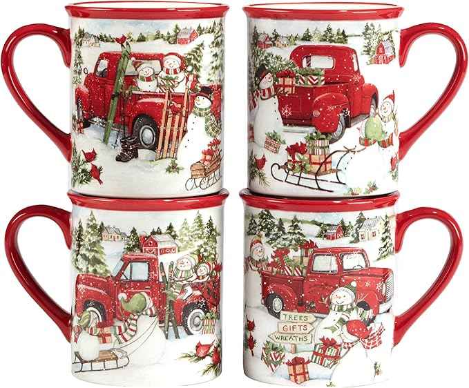 Red Truck Snowman Set of 4 Ceramic Mugs – Cozy up with coffee, tea, or cocoa in these delightful mugs featuring red trucks and snowmen, perfect for holiday mornings or fireside sipping 16 oz