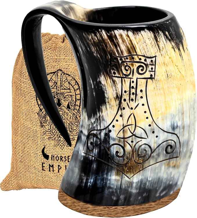 Viking Drinking Horn Mjolnir Engraving Mug,16-20oz | The Ultimate Vikings Ox horn Mug for Cold Drinks - 100% food safe comes with gift bag (Worthy Mjolnir - Polished)