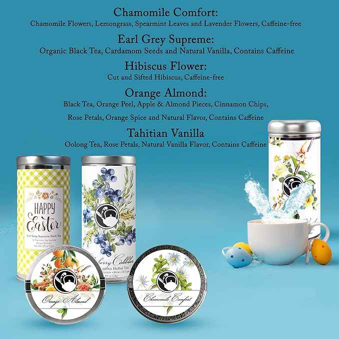 Easter Tea Gift Basket by La Tea Dah, Five Tins of Premium Tea & Two Honey Stirrers In a Festive Easter Basket, Hibiscus, Vanilla, Chamomile, Orange Almond, & Earl Grey Tea, Easter Gifts for Adults