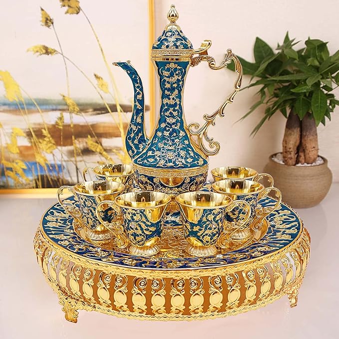 Turkish Coffee Cup and Tea Pot Set Including Teapot,Tea Tray,6 Metal Cups,Tea Service Set for Tea Table Decor,Hip Flask (Blue and Gold)