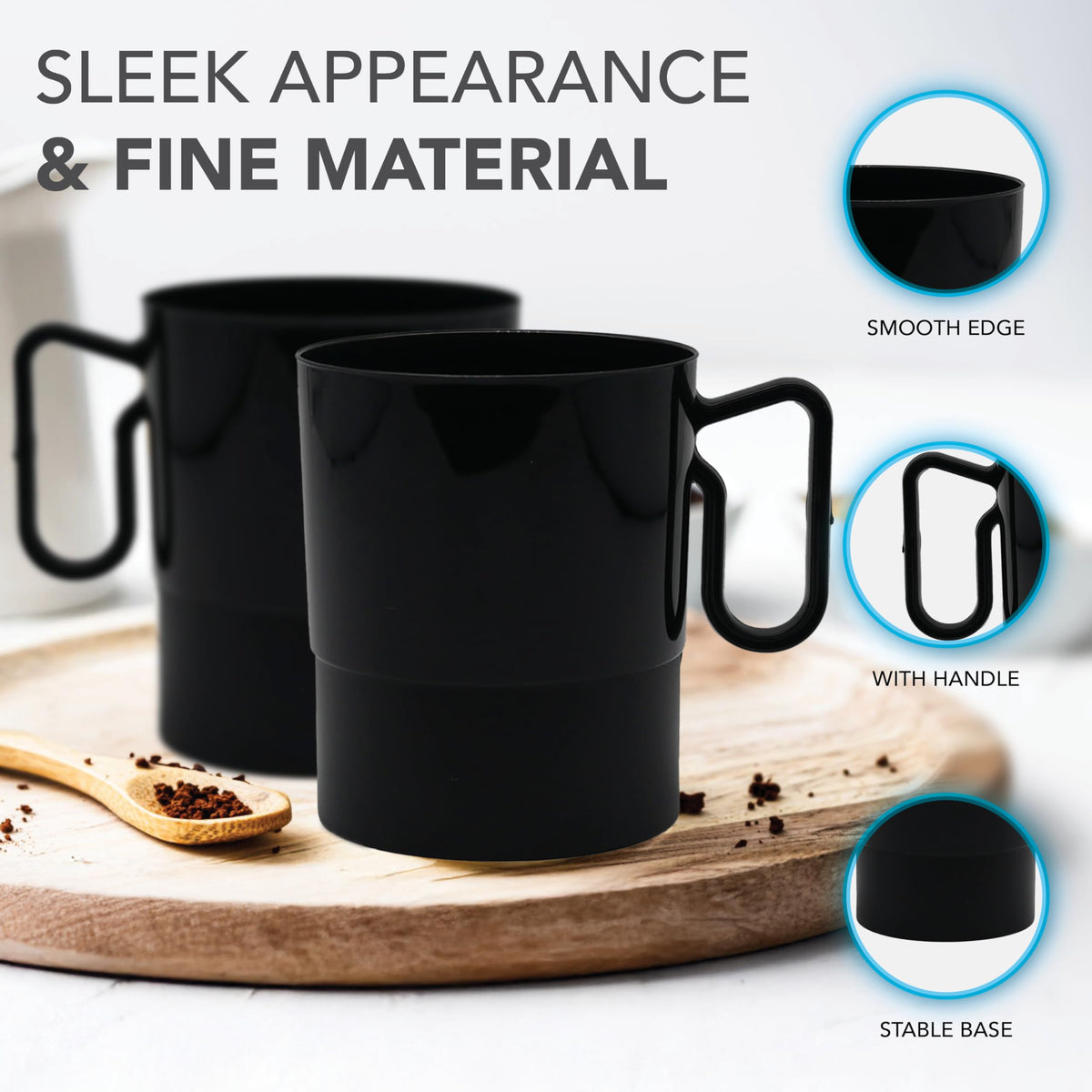 Stackable black plastic coffee cups for space-saving storage