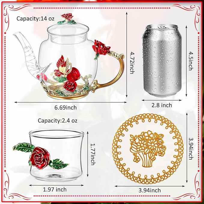 7 Pcs Floral Glass Tea Set for Women 14 oz Butterfly Vintage Teapot Set for Adults Glass Tea Gift for Valentine Spring Party Mother's Day Girlfriend Fancy Pot Cups with Gift Box(Red)