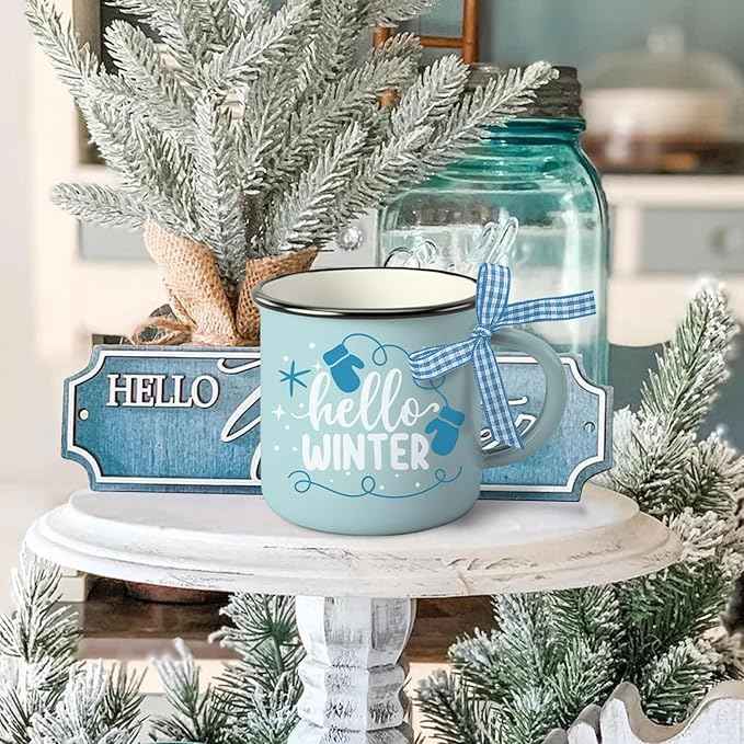 Hello Winter Snowman Mini Coffee Mug Set of 3, Let It Snow Glove Snowflake 5 oz Mini Coffee Cups Tiered Tray Decor, Blue Christmas Holiday Kitchen Coffee Bar Decorations Housewarming Gift