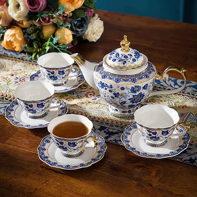 ACMLIFE Bone China Tea Set for Adults, Blue and White Tea Set for 4, Porcelain Vintage Floral China Tea Sets for Women Gift with Teapot (Blue and White)