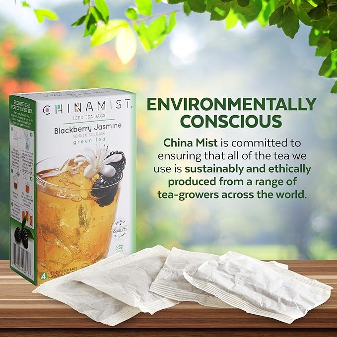 China Mist Iced Tea – Blackberry Jasmine Green Tea Infusion – Refreshing and Delicious – Each Tea Bag Yields 1/2 Gallon – 4 bags.