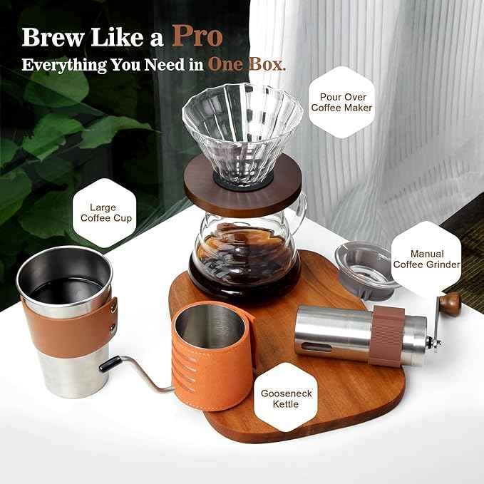 LHS Pour Over Coffee Maker Set - All in One Pour Over Coffee Kit, Travel Pour Over Coffee Dripper, Manual Coffee Maker Set Grinder Brewer Dripper and Cup Set, Anniversary Birthday Gift Sets