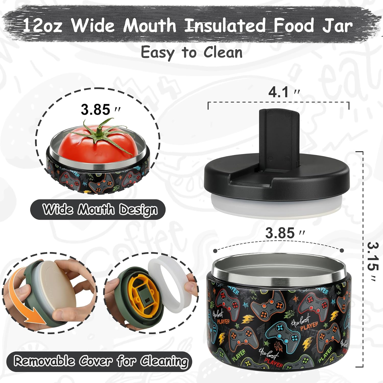 12oz Insulated Vacuum Food Jar with Buckle Lid Wide Mouth Soup Thermo for Hot Food Kids Leakproof Stainless Steel Lunch Container (Black-Game) - Blissbrew