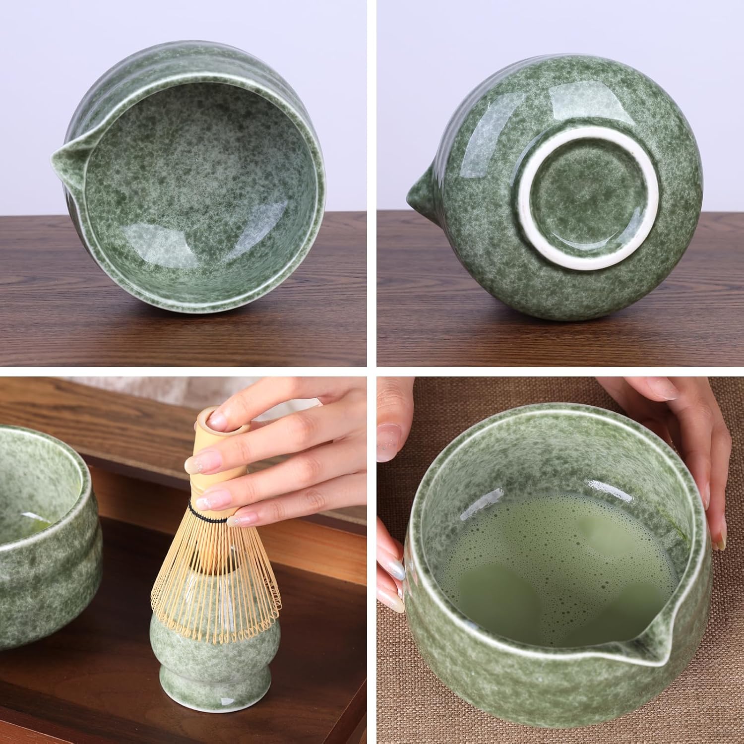 Japanese Matcha Whisk Set - 7-Piece Kit Bamboo Chasen, Ceramic Bowl with Spout, Stainless Steel Sifter & Holder Green