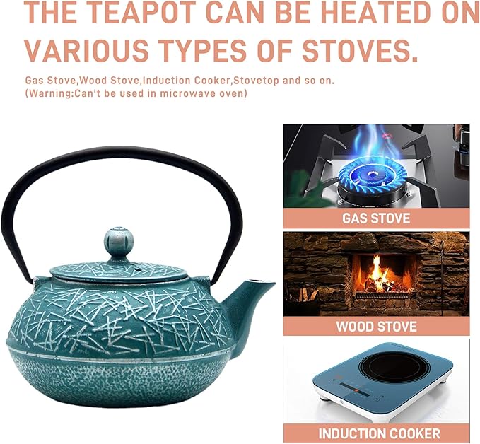 Cast Iron Tea Kettle,SECHUDO Teapot Coated with Enameled Interior for Loose Tea,Cast Iron Teapot with Stainless Steel Infuser for Stovetop Safe (30.4oz-Pattern-5)