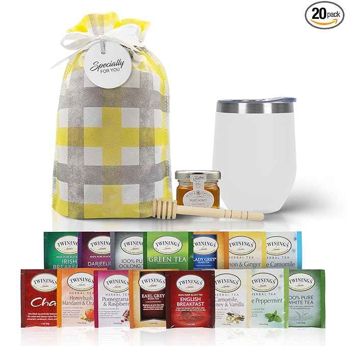 Tea Gift Set for Women & Men – Includes Assorted Teas, Elegant Mug & Honey (White)