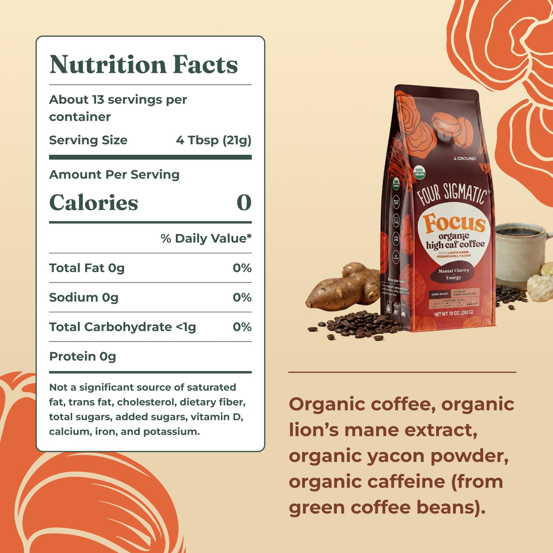 Organic High Caffeine Lion's Mane Ground Coffee (10 Ounce)