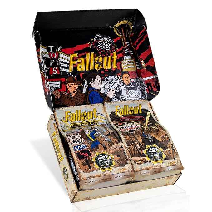 Bones Coffee Company Fallout Sin City Coffee Collector's Box, 2 Flavored Coffee Low Acid Medium Roast Arabica Beans Specialty Gifts, Auto Drip and French Press Compatible, 12 oz Pack of 2 Ground