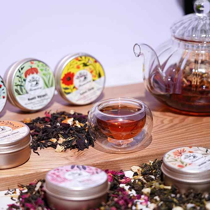 Harmoleaf Tea Gift Set for Women - 6 Herbal Loose Leaf Tea Blends, Insulated Ceramic Cup with Infuser & Lid | Birthday, Mother's Day, Anniversary & Retirement Gift for Her