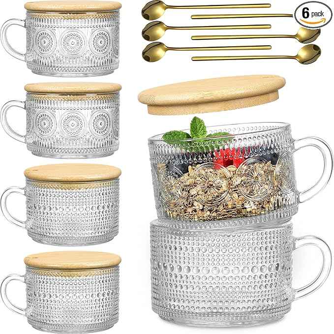 LANDNEOO 6 Pack 14oz Vintage Glass Coffee Mugs with Bamboo Lids and Spoons, Green Embossed Drinking Glasses for Iced Coffee, Tea, Latte