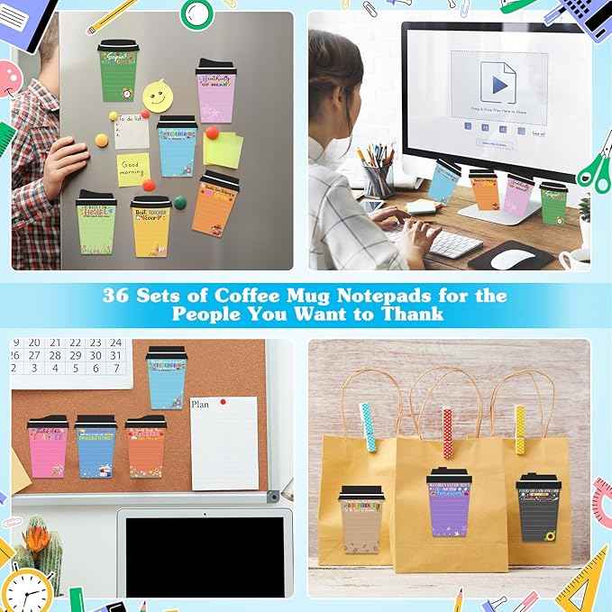 36 Set Teacher Appreciation Gifts Bulk Team - 36 Coffee Cup Notepad+ 36 Ballpoint Pens+ 36 Drawstring Gift Bags, Bulk Gifts for School Office Christmas Teacher's Day Coworker Nurse Employee