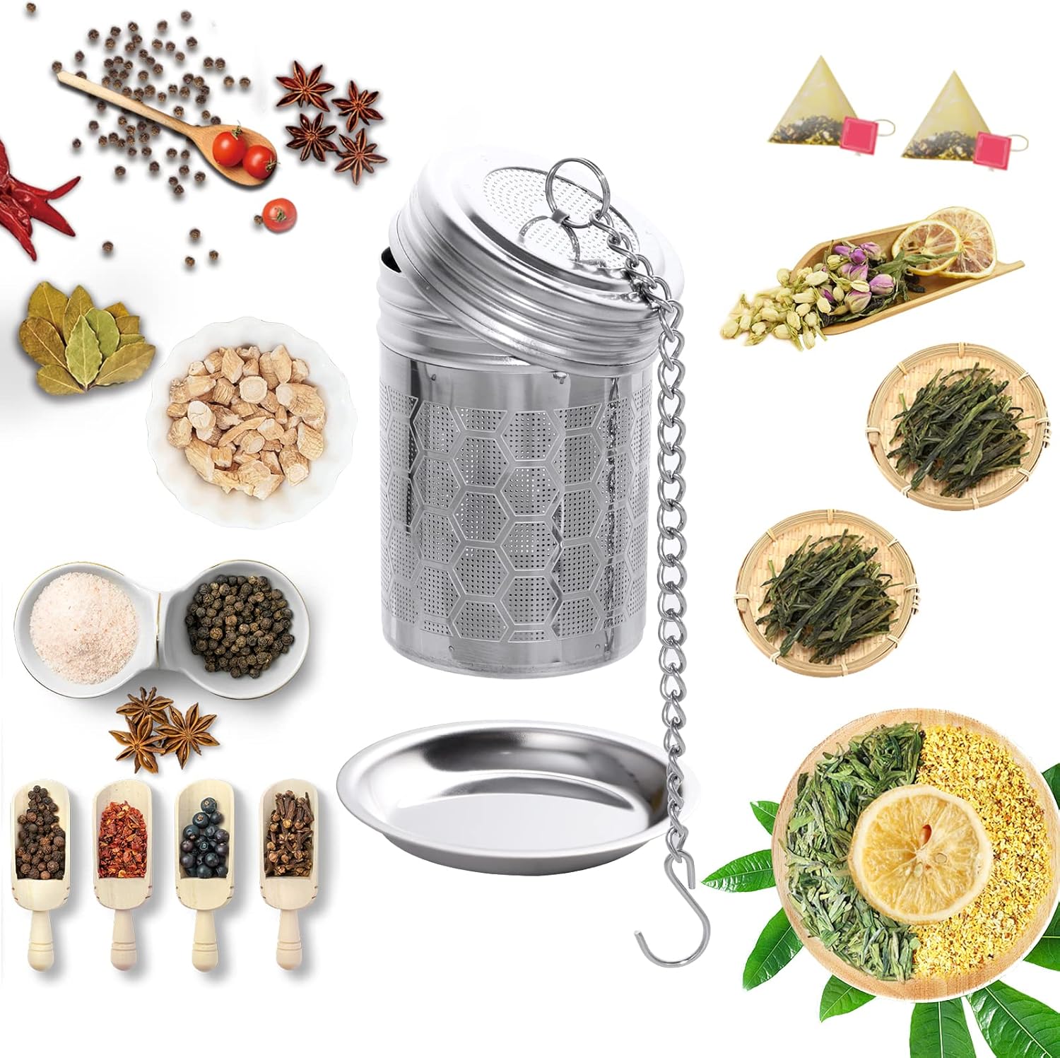 2 Pack Tea Strainers Infuser for Loose Tea 304 Stainless Steel Mesh Loose Leaf Steeper Diffuser with Chain Hook and Threaded Lid for Black Tea, Spices and Seasonings