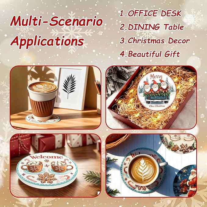 Christmas Drink Coasters Set of 6 with Black Holder and Cork Base, Absorbent Ceramic Coasters Round Decorative Coffee Table Decor for House Warming Gifts New Home