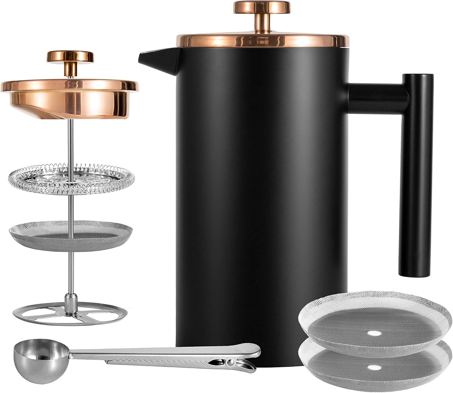 Small French Press Coffee Maker 600ml, Black Double-Wall Insulated French Press Coffee Press Stainless Steel for travel camping, Included 2 Extra Fliters and 1 Coffee Spoon (2-4cup, 20 OZ) - Blissbrew