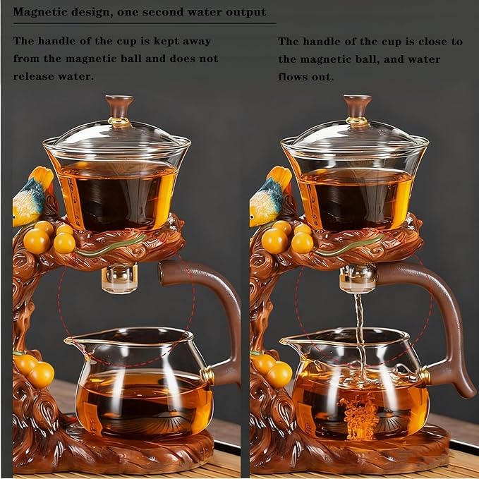 Lazy Kungfu Glass Tea Set Heat Resistant Semi Automatic Drip Rotating with Infuser Magnetic Teapot Set for Gongfu Tea Making Ideal (Gourd Bird)