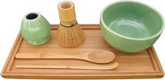 BambooMN Brand - Matcha Bowl Set (Includes Bowl, Rest,Tea Whisk, Chasaku, Tea Spoon & Tray) 1 Set Soft Light Green