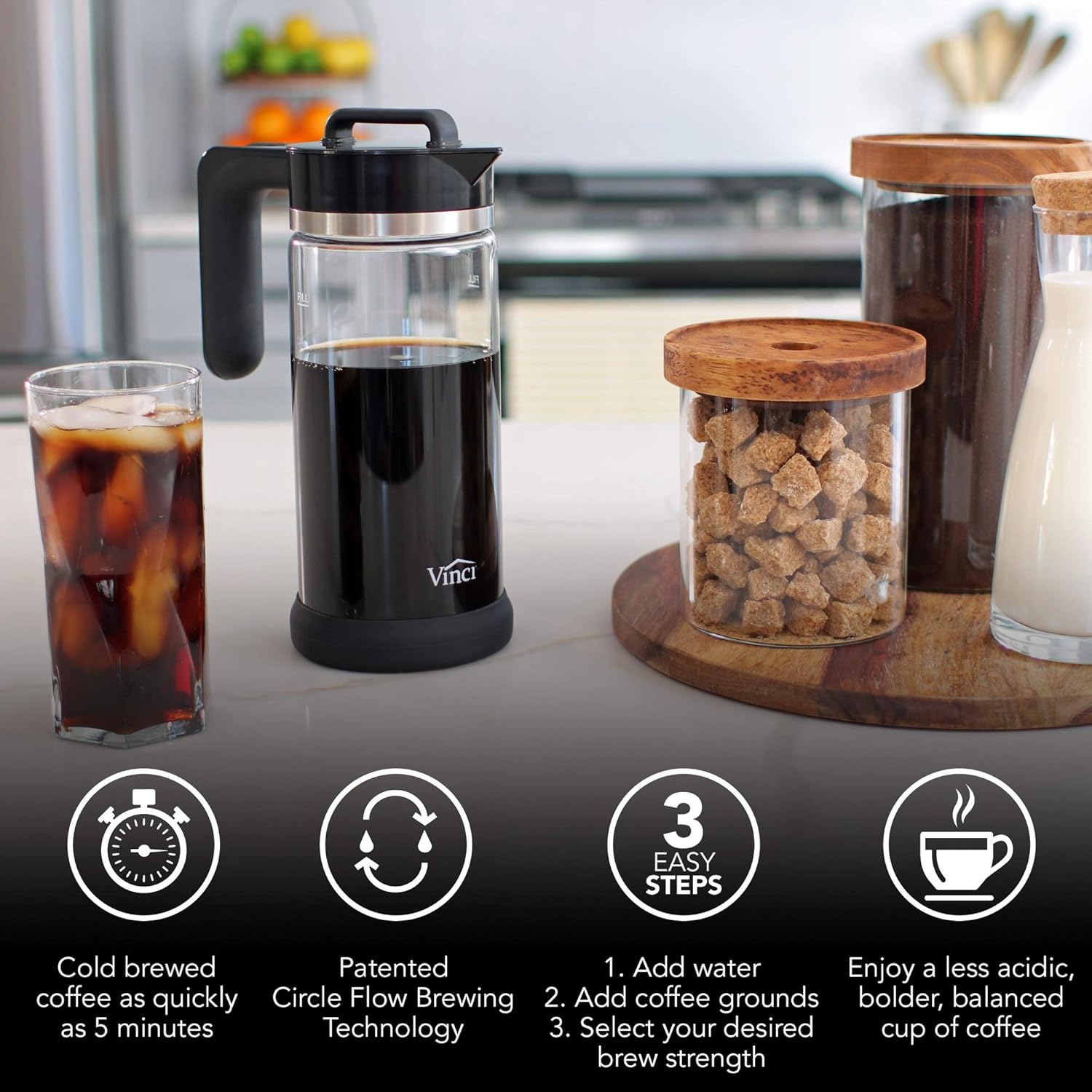 VINCI Express Cold Brew, Electric Cold Brew Coffee Maker in 5 minutes, 4 Brew Strength Settings & Cleaning Cycle, Easy to Use & Clean, Glass Carafe, Cold Brewer for Iced Coffee, 1.1 L Pitcher (37 oz) - Blissbrew