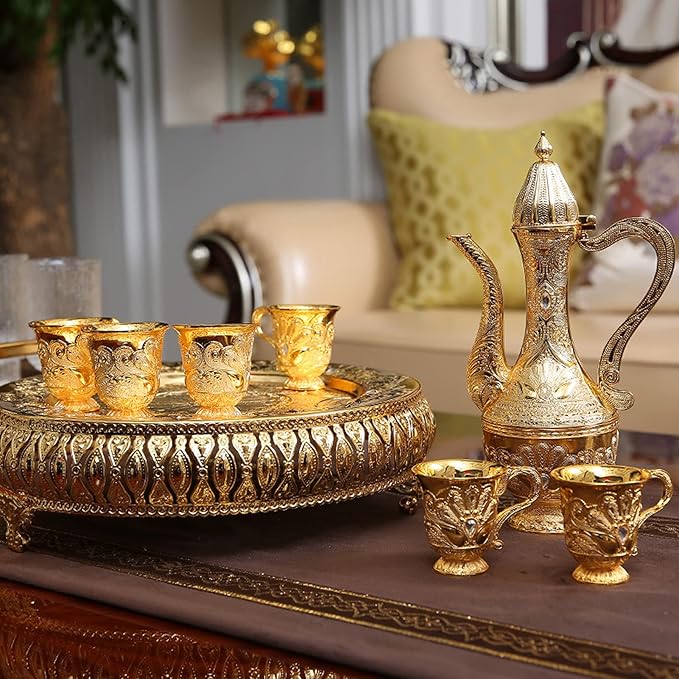Turkish Coffee Cup and Tea Pot Set Including Teapot,Tea Tray,6 Metal Cups,Tea Service Set for Tea Table Decor,Hip Flask(Gold)