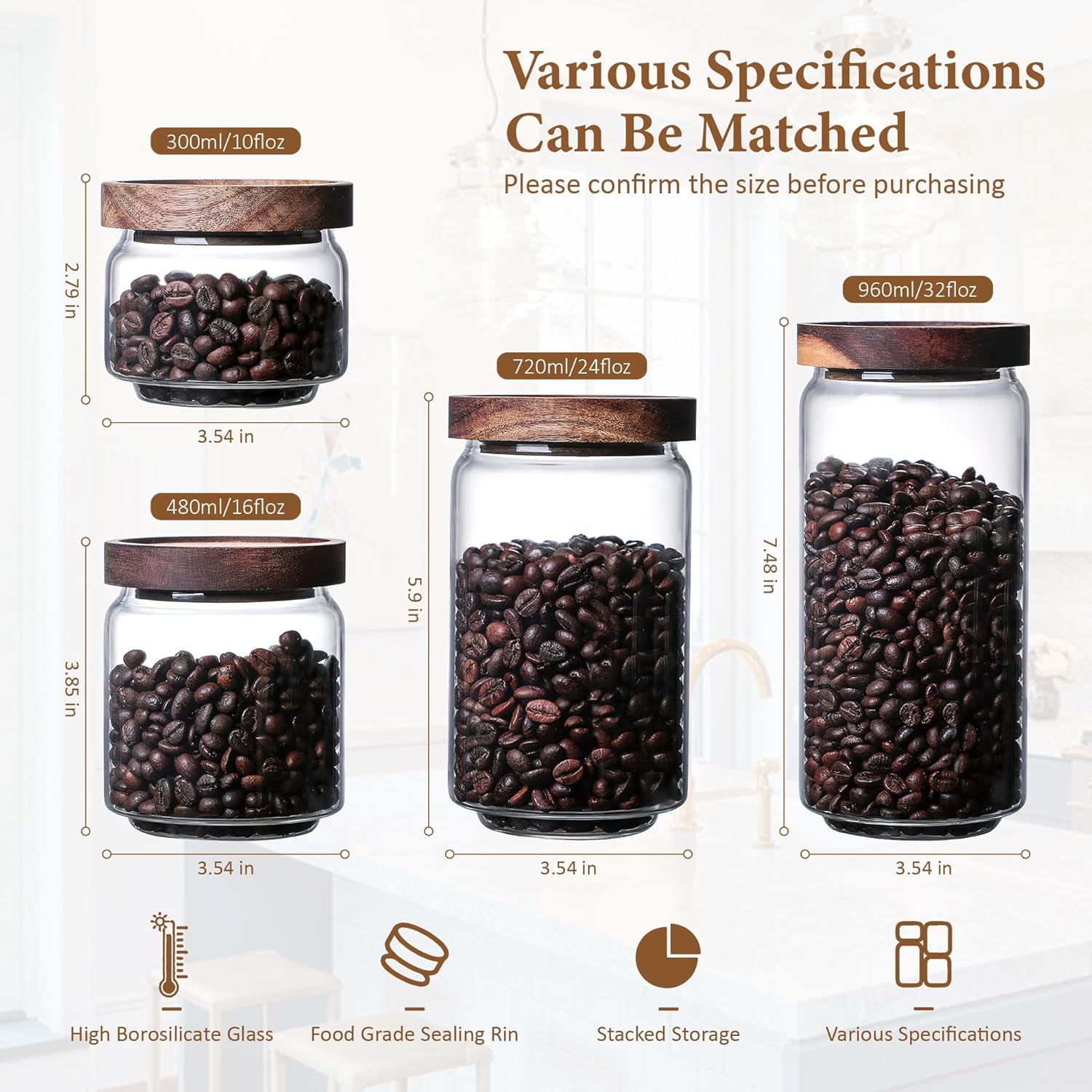 960ML/32Oz Clear Cute Glass Storage Canister Holder with Stackable Airtight Wood Lid, Modern Decorative Container Jar for Coffee, Spice, Candy, Salt, Cookie, Condiment, Pepper, Sugar