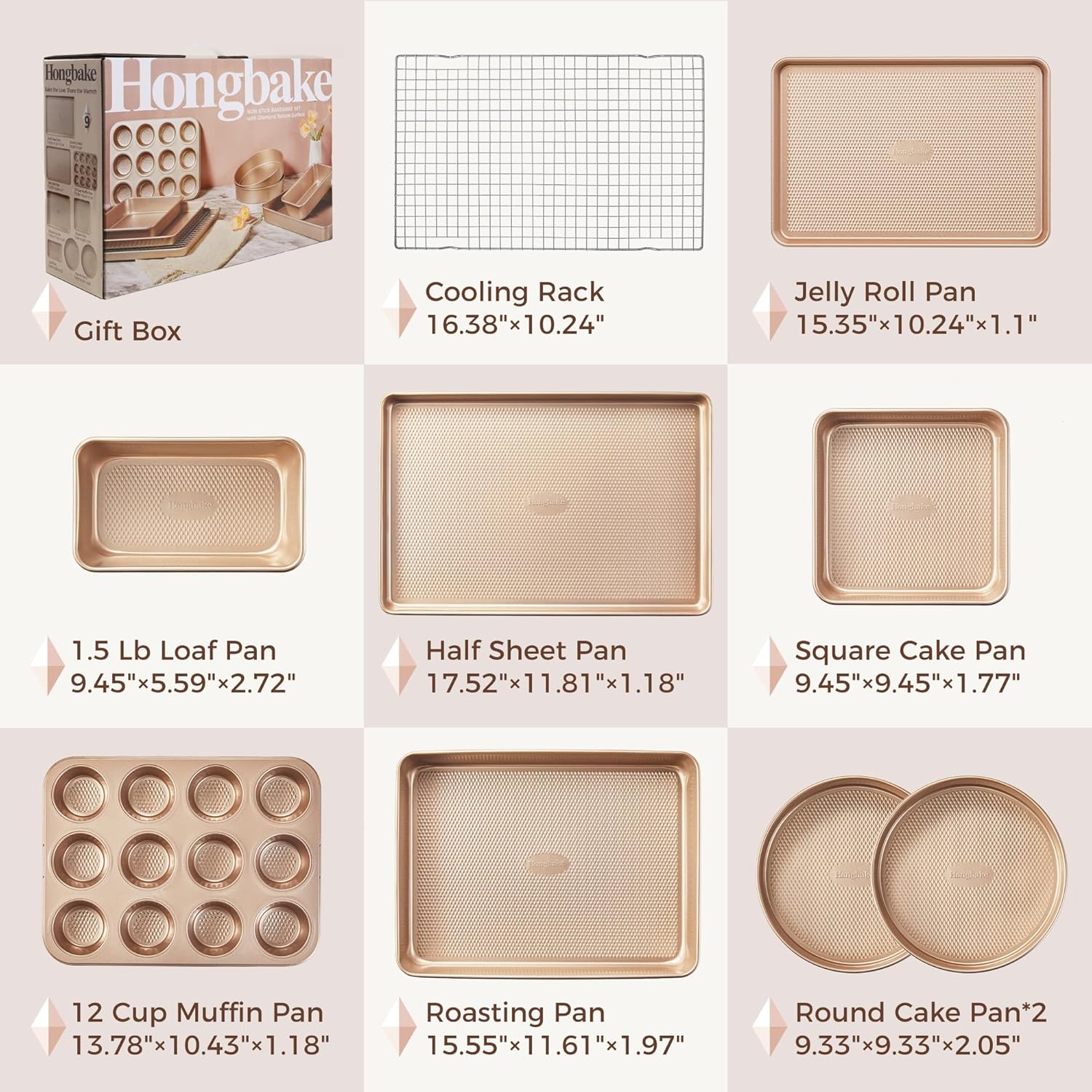 HONGBAKE 9-Piece Baking Pans Set Nonstick, Stackable Non Toxic Bakeware Sets with Diamond Texture, Oven Pan Set for Cooking, Includes Cookie Sheet with Rack, Cake Pan, Roasting Pan, Muffin Tin, Gold