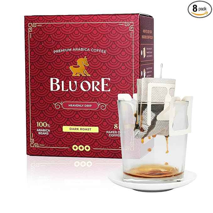 Blu Ore Premium Vietnamese Coffee - Single Serve Pour Over (8 Pack) - 100% Arabica Drip Bag Coffee, Eco-Friendly Filter, Travel Friendly, No Preservatives - Dark Roast (8 pack, Dark Roast)