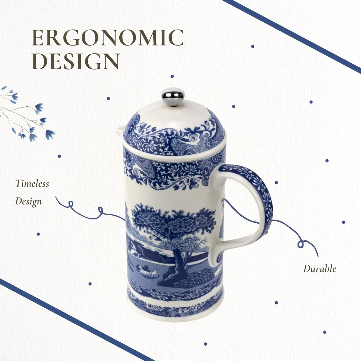 Spode Blue Italian French Press | 28-Ounce Capacity | Espresso, Coffee, and Tea Maker | Porcelain Cafetiere | Stainless Steel Plunger | Dishwasher Safe (Blue/White) - Blissbrew
