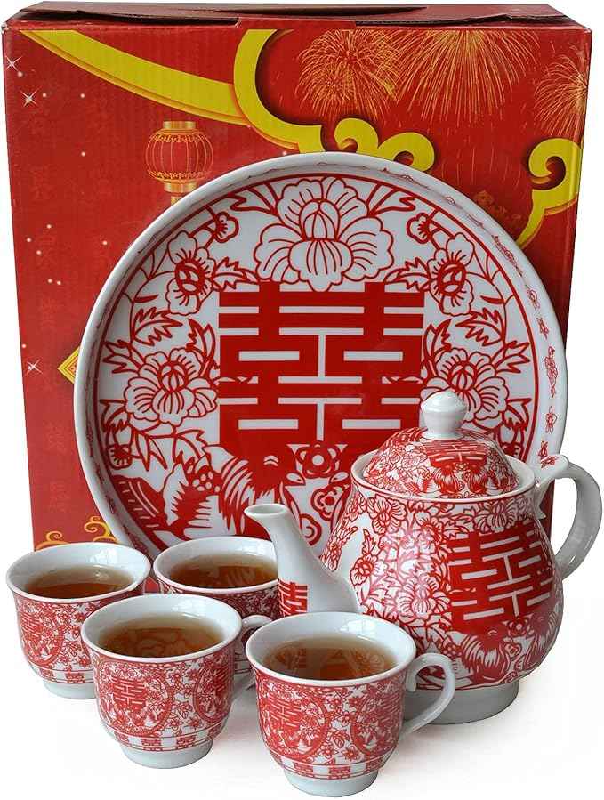 Chinese Tea Gift Set Service Porcelain Tea Pot 4 Cups tray for Adults Men Women Tea Ceremony Wedding Party Home Decor (Double Happiness（Chinese xi）)