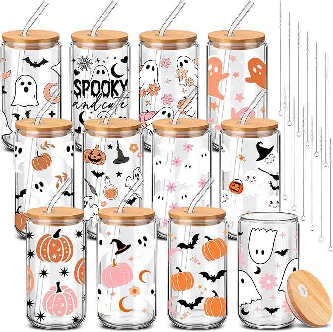 12 Sets Pink Bow Valentine's Day Glass Cups Gifts Bulk 16 oz Iced Coffee Cups with Lids and Straws Cute Glass Tumbler Girly Galentine's Day Gifts for Women Coworker Party Favor(Ghost)