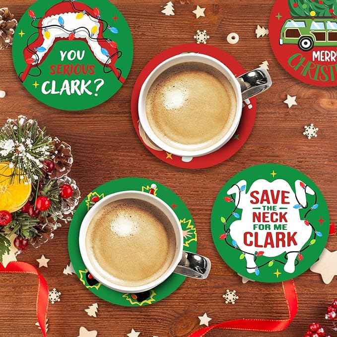 Christmas Vacation Drink Coasters with Holder Set of 6, Xmas Classic Movie Absorbent Ceramic Cup Mat for Coffee Table Protection, 4 Inch Funny Holiday Home Kitchen Decor Housewarming Gifts
