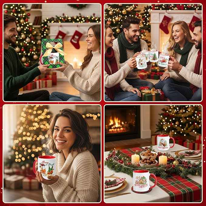 LemonRoad 12 Sets Christmas Coffee Mugs with Mug Boxes 12 oz Ceramic Merry Christmas Coffee Cups Xmas Cups with Gift Boxes Ribbon for Xmas Winter Holiday Housewarming Party Gift