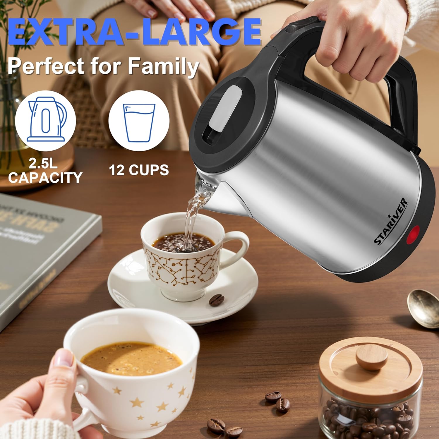 Stariver 2.5L Large Electric Kettle, BPA Free Stainless Steel Water Heater, Fast Boil Electric Tea Kettle, Water Boiler with Auto Shut-Off & Boil-Dry Protection for Family (10-12 Cups)