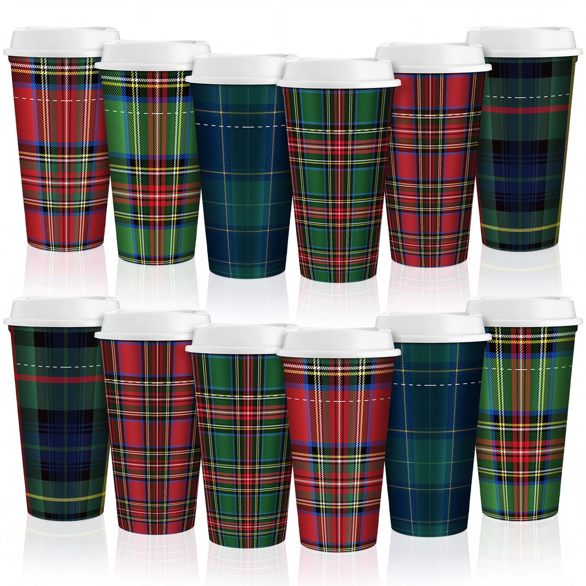 12-pack reusable plaid holiday coffee cups with lids