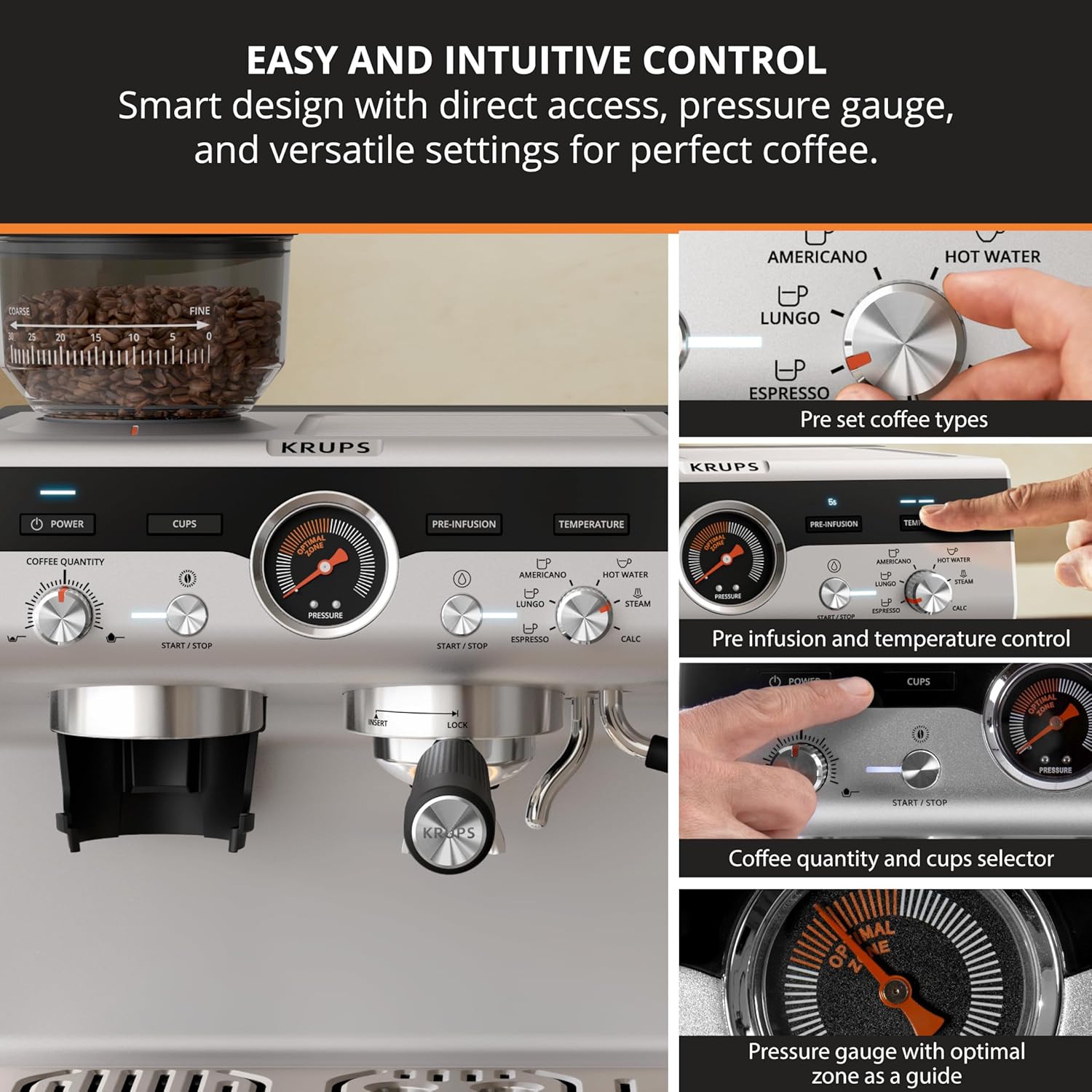 KRUPS Precision Espresso Coffee Machine with Grinder, Latte & Cappuccino Maker, Pump Pressure + Milk Frother Steam Wand, Adjustable Grind Settings for Barista-Quality Results, Stainless Steel & Black - Blissbrew