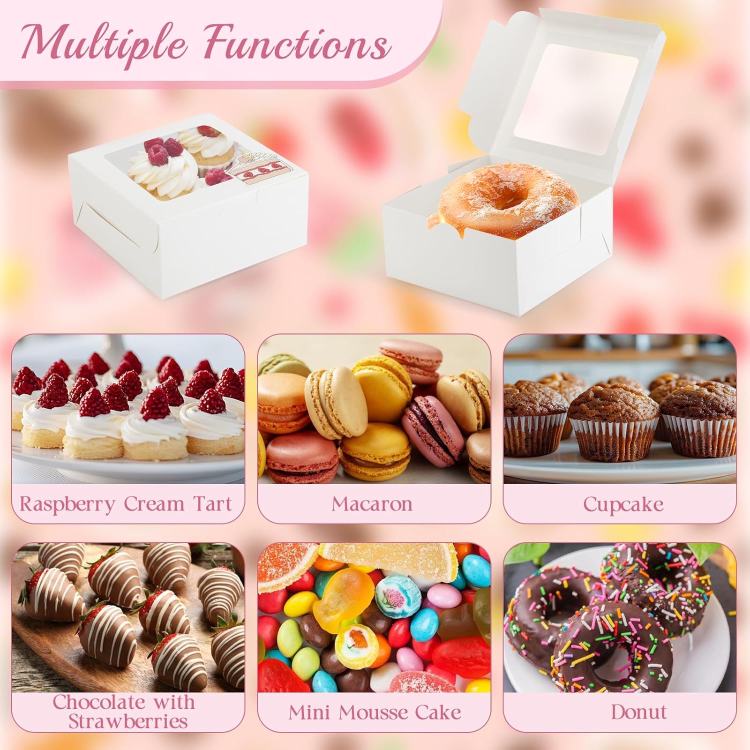 OAMCEG 30 Pack Cookie Boxes with Window 6x6x3 Inches White Bakery Treat Boxes with Stickers & Twine for Pastry, Desserts, Strawberries, Cupcakes, Gift Giving