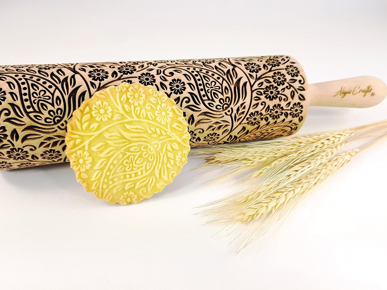 KASHMIR pattern Embossed Rolling Pin. Engraved Dough Roller with Paisley for Embossed Cookies and Pottery by Algis Crafts