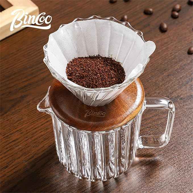 Bincoo Pour Over Coffee Maker Set 11oz - Heat-Resistant,Coffee Dripper Size 1 with Walnut Collar,Drip Coffee Maker for Coffee Brewer Kit Home,Office,Gift