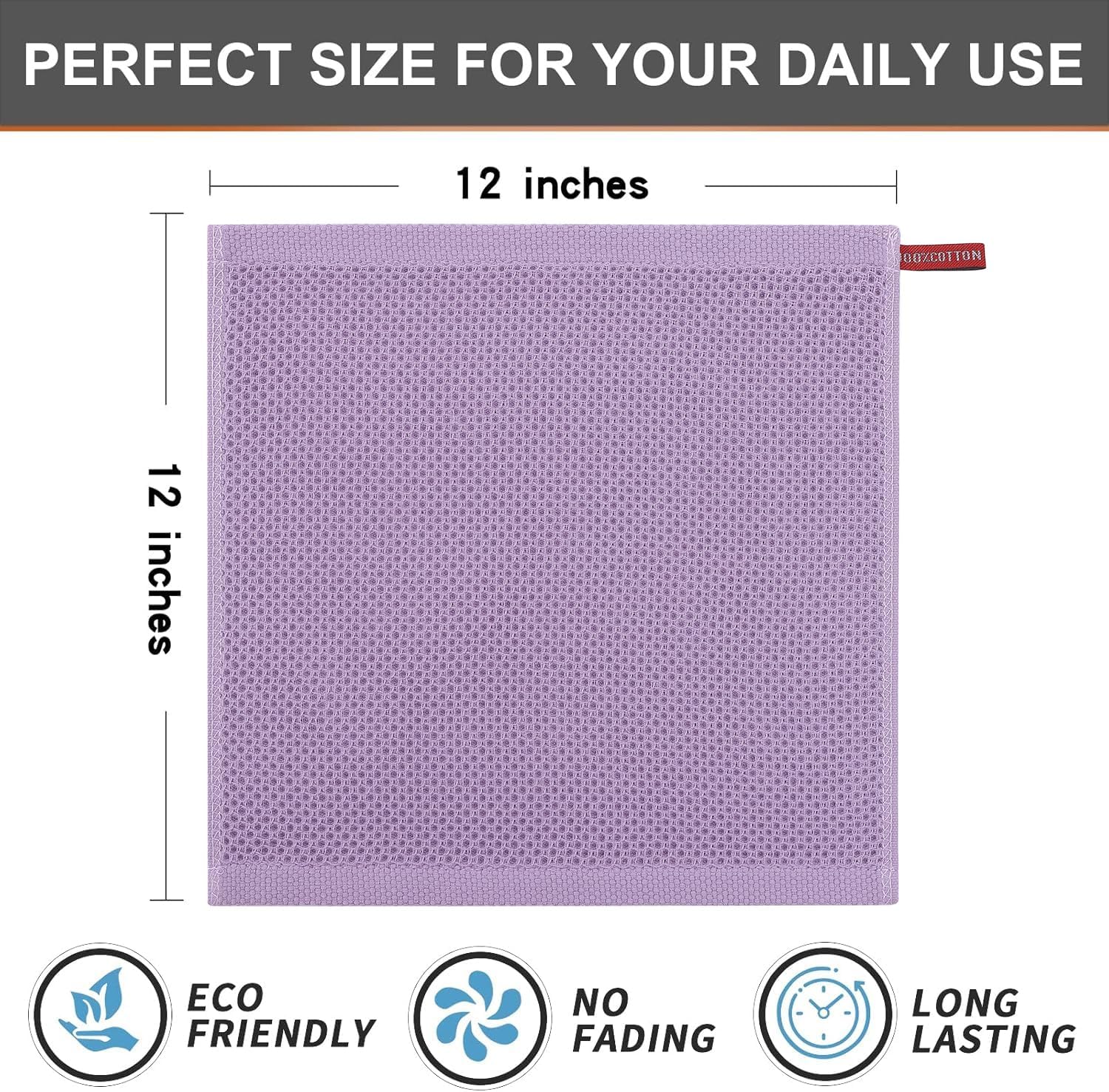 Kitinjoy 100% Cotton Kitchen Dish Cloths, 12 Pack Waffle Weave Ultra Soft Absorbent Dish Towels for Drying Dishes Quick Drying Kitchen Towels Dish Rags, 12 X 12 Inches, Lavender