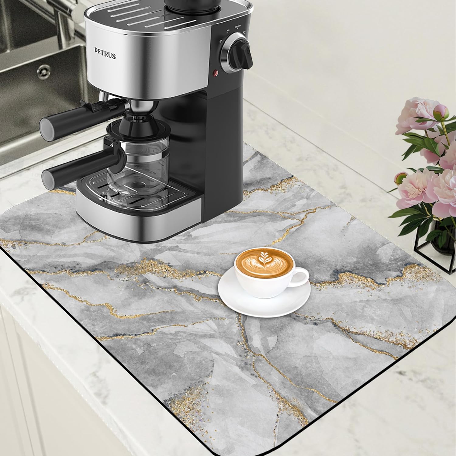 White and Gold Marble Dish Drying Mat for Kitchen Counter Absorbent Hide Stain Coffee Mat Rubber Backed Dish Drainer Rack Pad Espresso Machine Coffee Bar Accessories 15.7 x 23.6 Inch