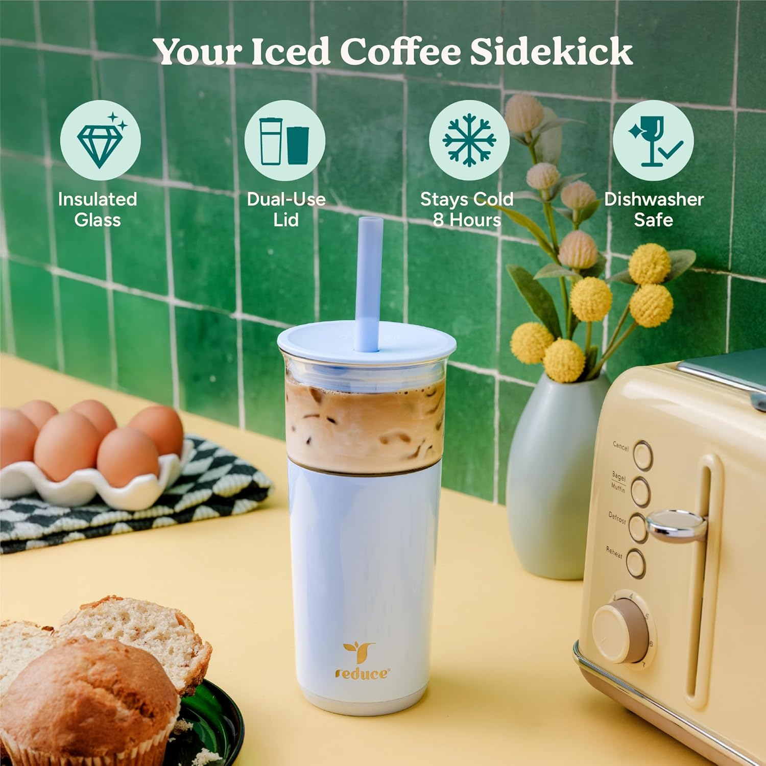 REDUCE Aspen 20 oz Vacuum Insulated Glass Tumbler with Lid & Extra Wide Straw - Keeps Drinks Cold for 12 Hrs - Ideal for Iced Coffee, Smoothies & Boba - Dishwasher Safe, Soft Base - Matcha