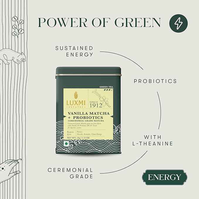 Luxmi Estates Vanilla Matcha with Priobiotics (50 g) Organic Matcha Tea, Rich in Antioxidants, Tea for Relaxing
